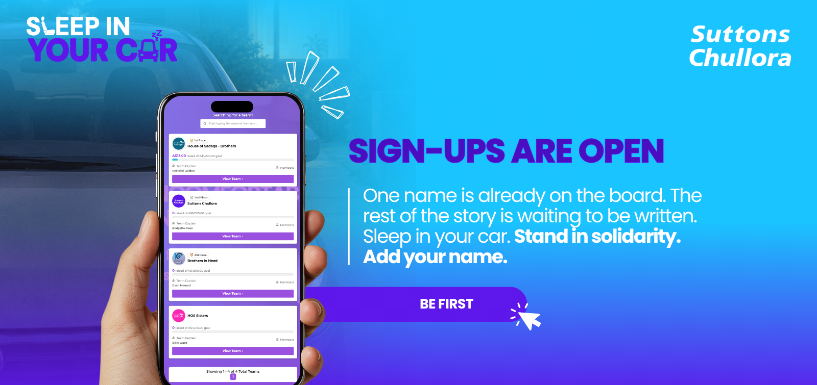 Sleep In Your Car — Sign-ups are open. One name is already on the board. The rest of the story is waiting to be written. Sleep in your car, stand in solidarity, add your name.